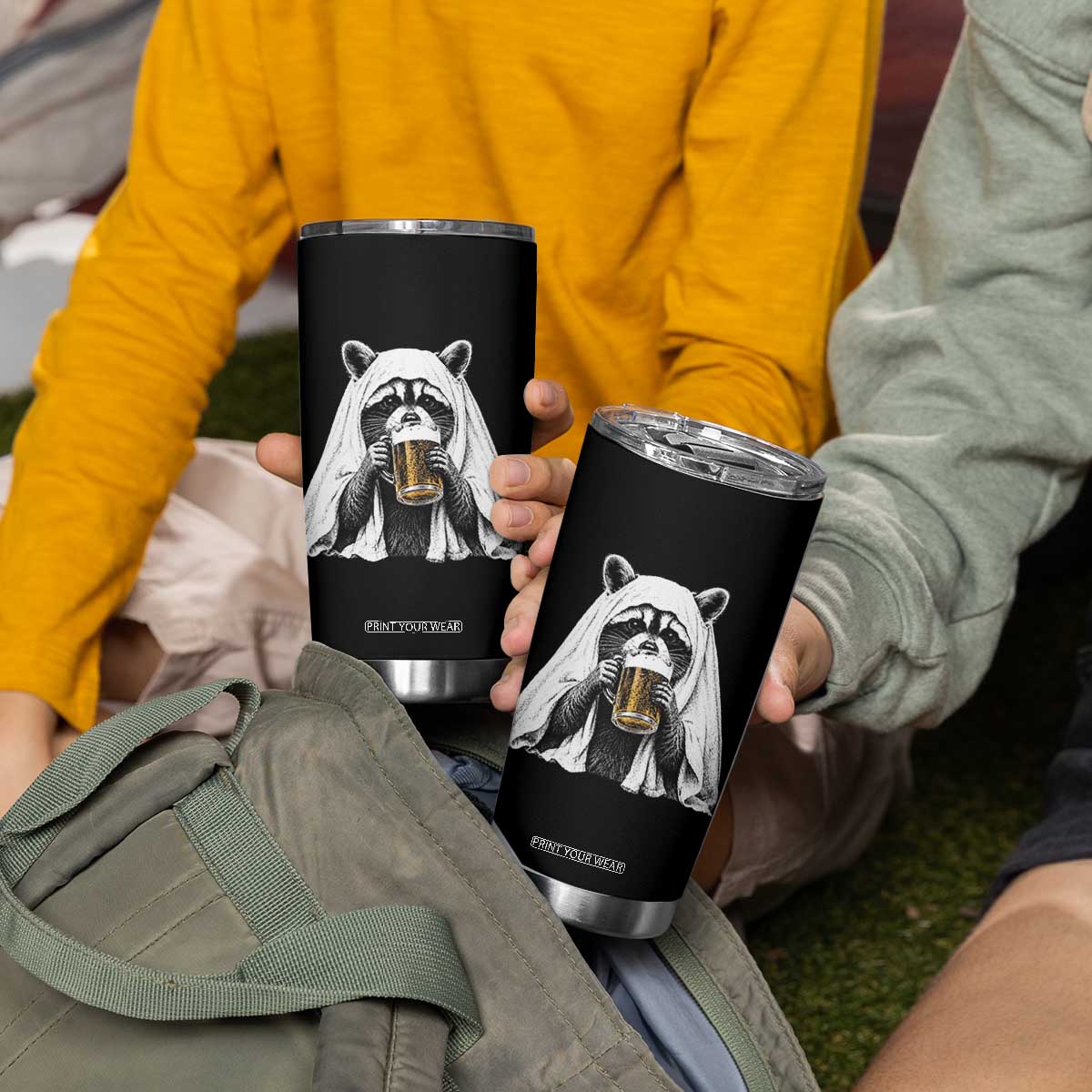 Funny Ghost Raccoon Drinking Beer Feral Halloween Tumbler Cup
