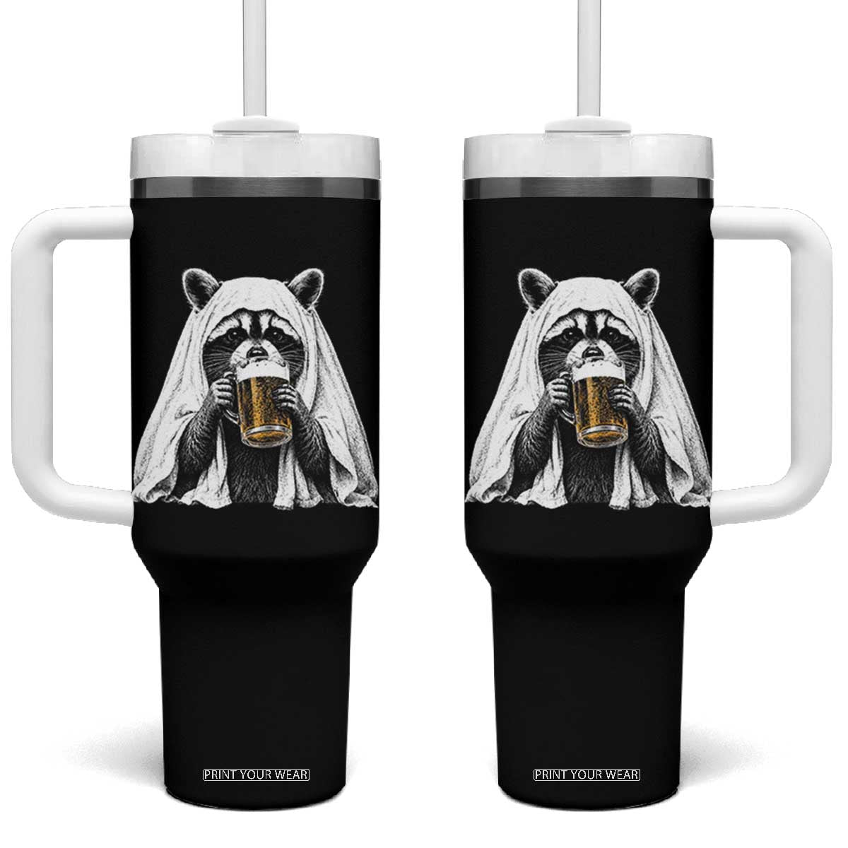 Funny Ghost Raccoon Drinking Beer Feral Halloween Tumbler With Handle