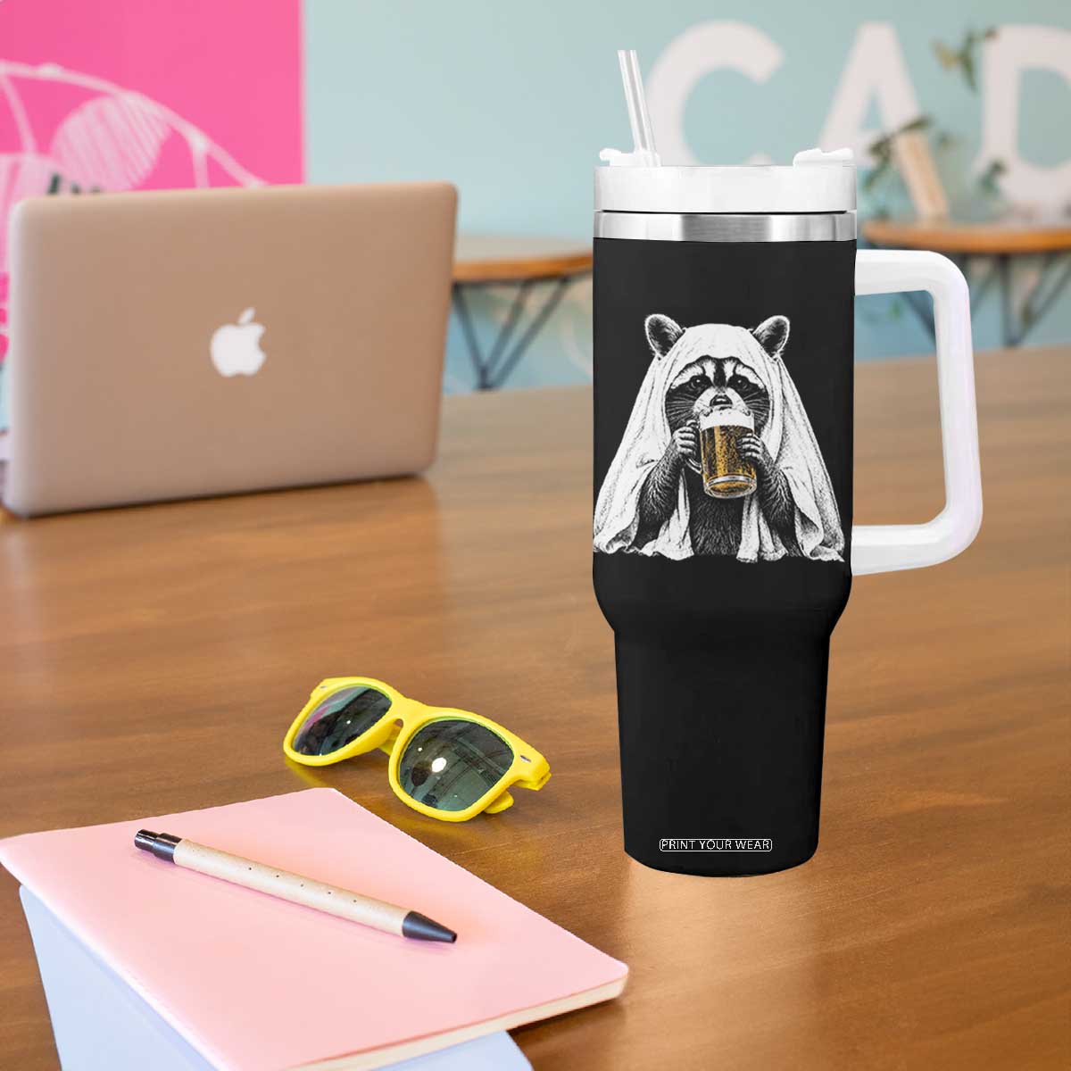 Funny Ghost Raccoon Drinking Beer Feral Halloween Tumbler With Handle