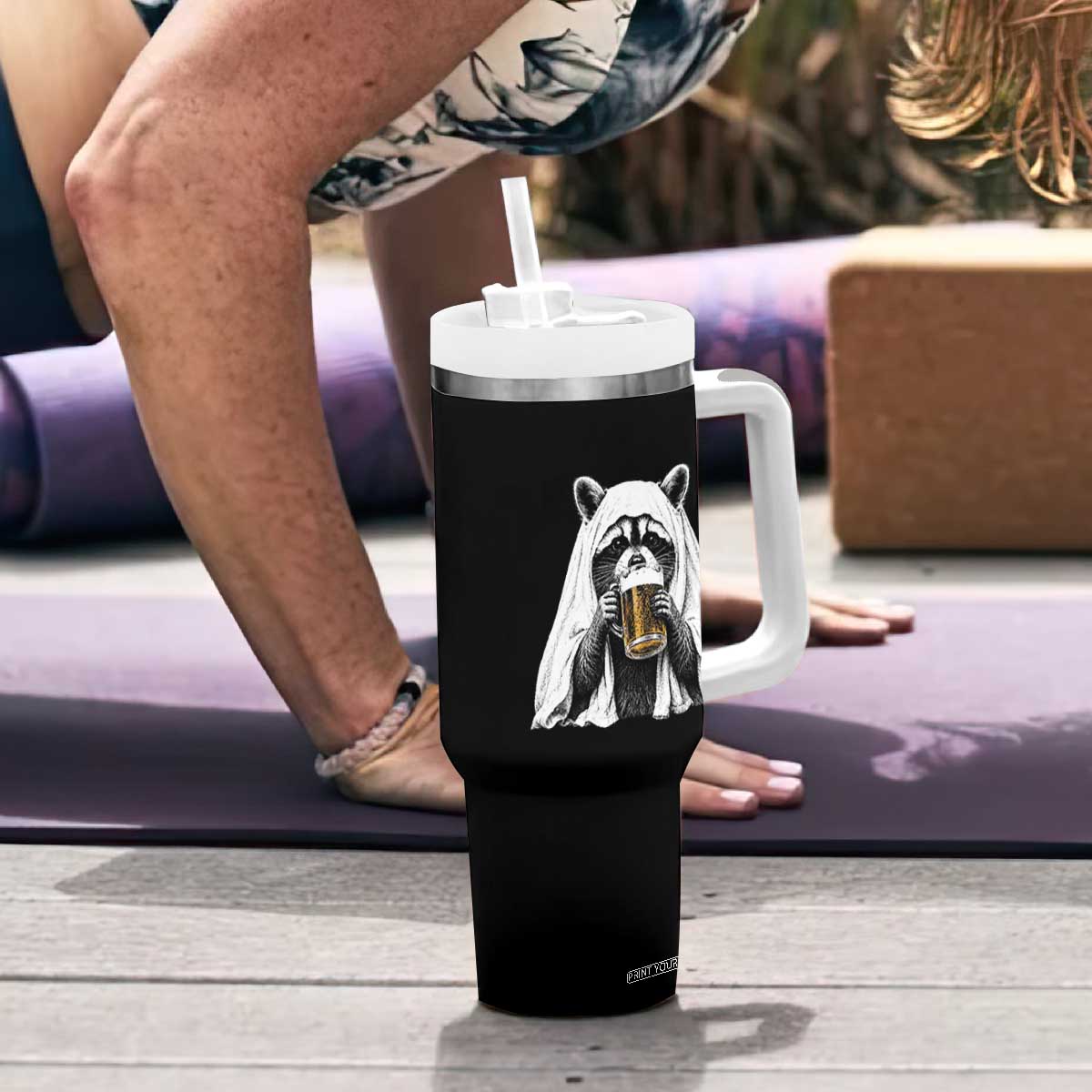 Funny Ghost Raccoon Drinking Beer Feral Halloween Tumbler With Handle
