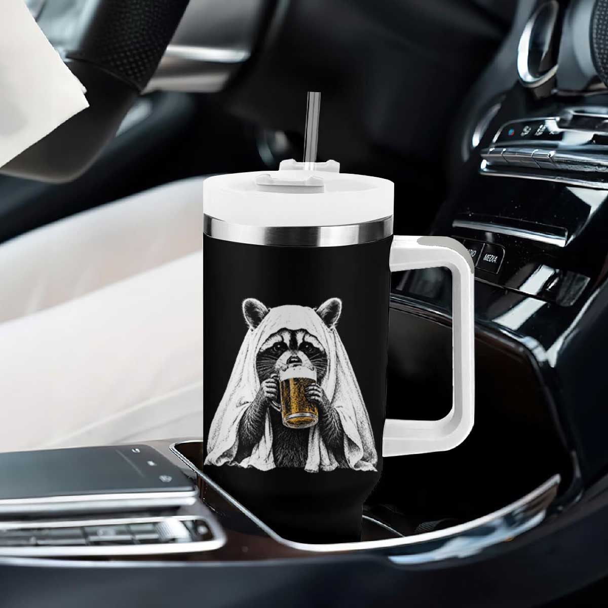 Funny Ghost Raccoon Drinking Beer Feral Halloween Tumbler With Handle
