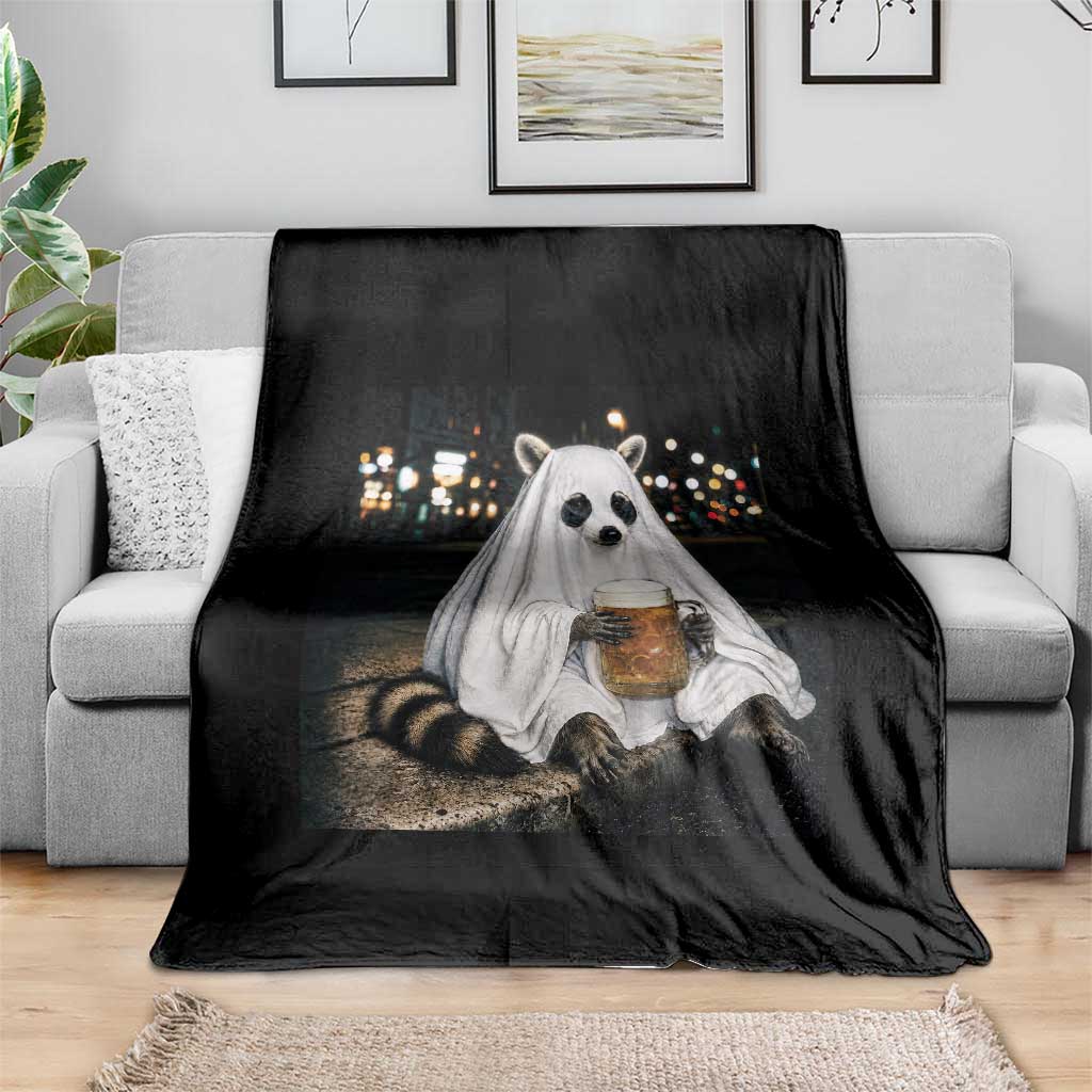 Funny Ghost Raccoon Drinking Beer Feral Halloween Gift Throw Blanket