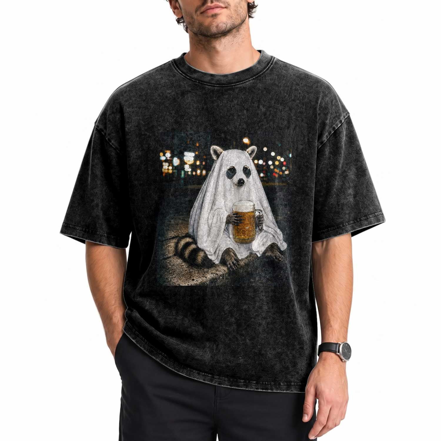 Funny Ghost Raccoon Drinking Beer Feral Halloween Gift Washed Cotton T-Shirt