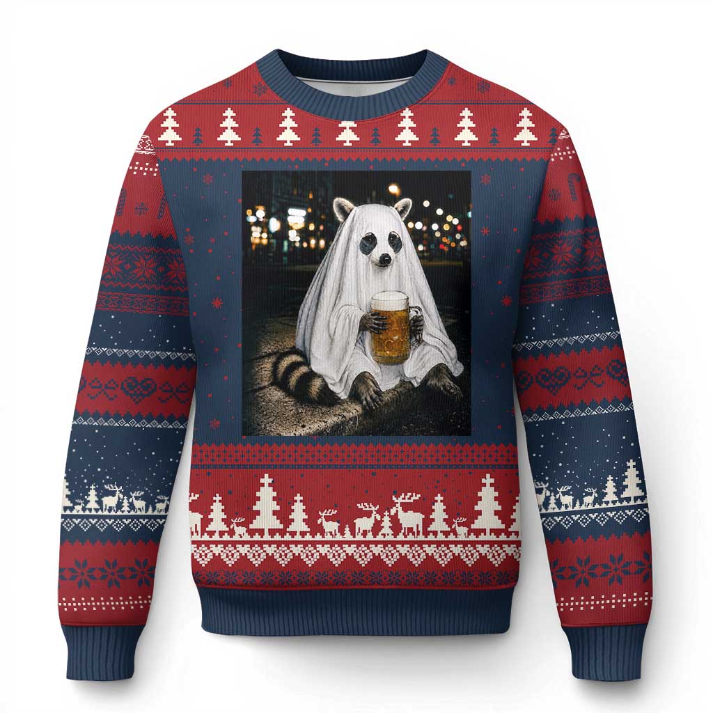Funny Ghost Raccoon Drinking Beer Feral Halloween Gift Ugly Christmas Sweater