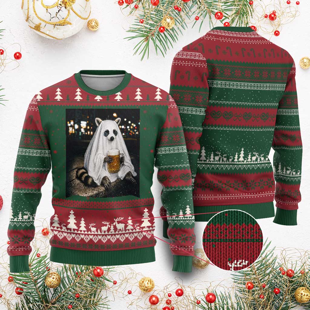 Funny Ghost Raccoon Drinking Beer Feral Halloween Gift Ugly Christmas Sweater