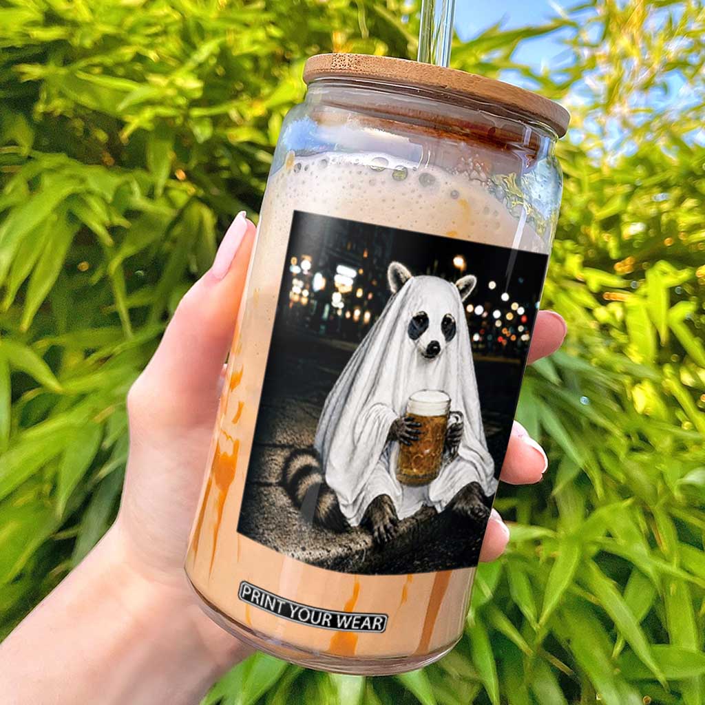Funny Ghost Raccoon Drinking Beer Feral Halloween Gift Glass Can