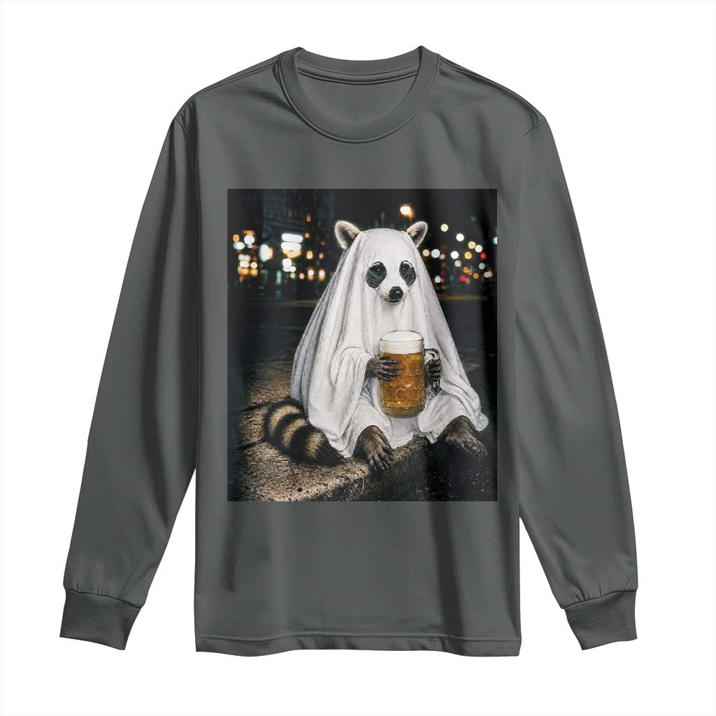 Funny Ghost Raccoon Drinking Beer Feral Halloween Gift Long Sleeve Shirt