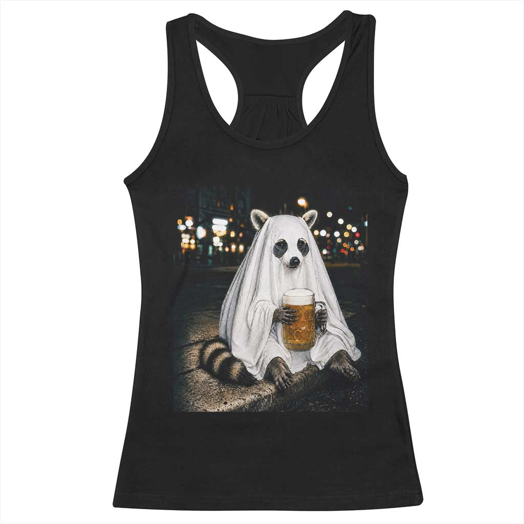 Funny Ghost Raccoon Drinking Beer Feral Halloween Gift Racerback Tank Top