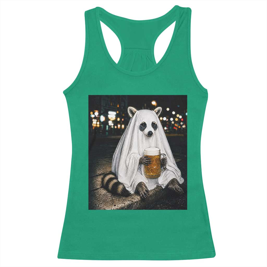 Funny Ghost Raccoon Drinking Beer Feral Halloween Gift Racerback Tank Top