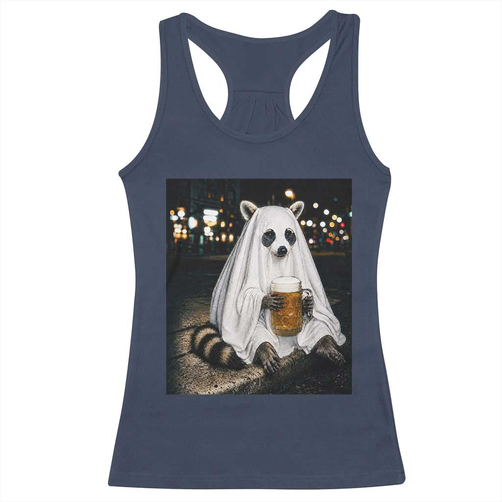 Funny Ghost Raccoon Drinking Beer Feral Halloween Gift Racerback Tank Top