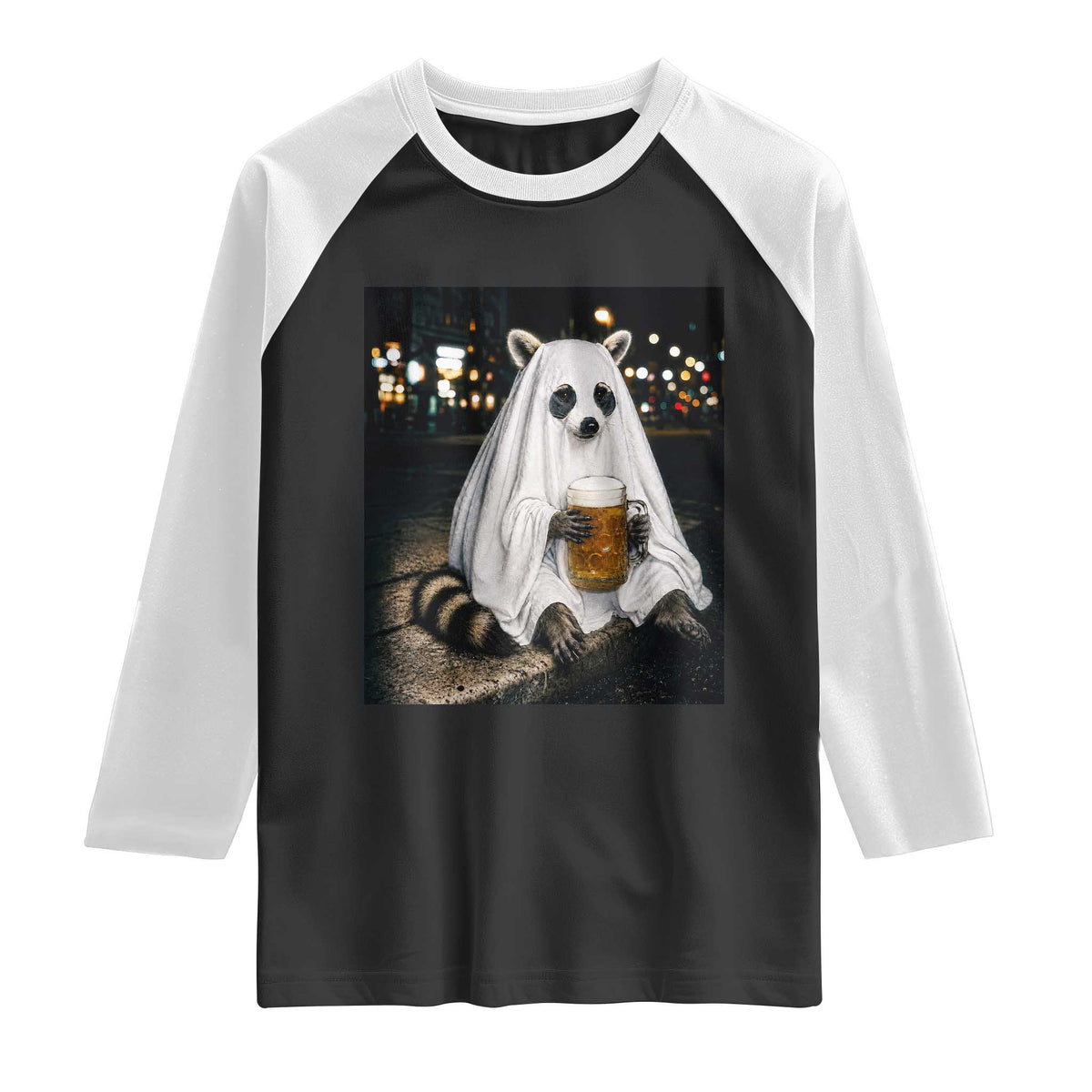 Funny Ghost Raccoon Drinking Beer Feral Halloween Gift Raglan Shirt