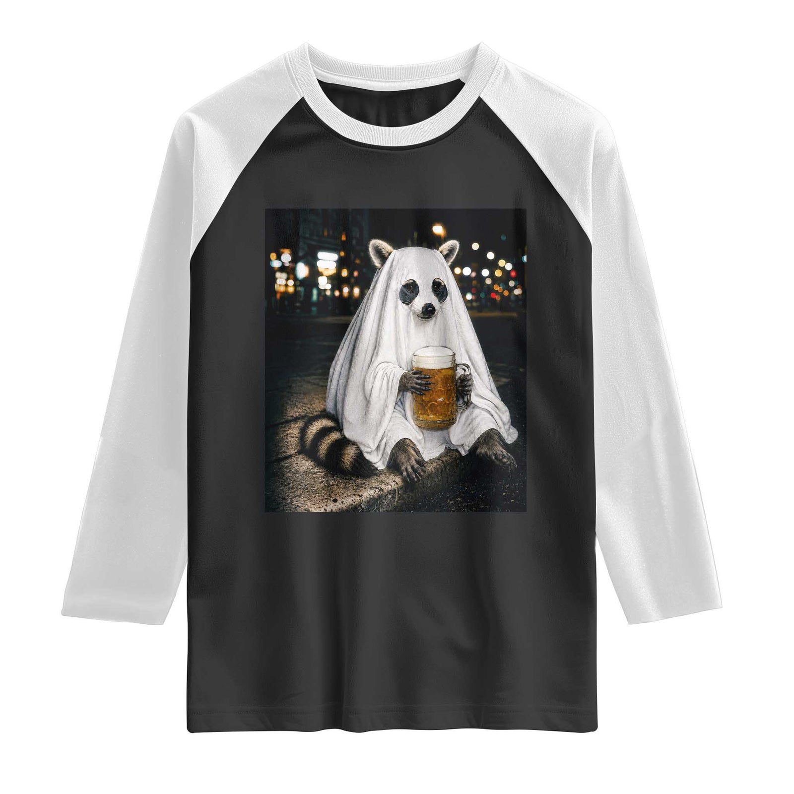 Funny Ghost Raccoon Drinking Beer Feral Halloween Gift Raglan Shirt