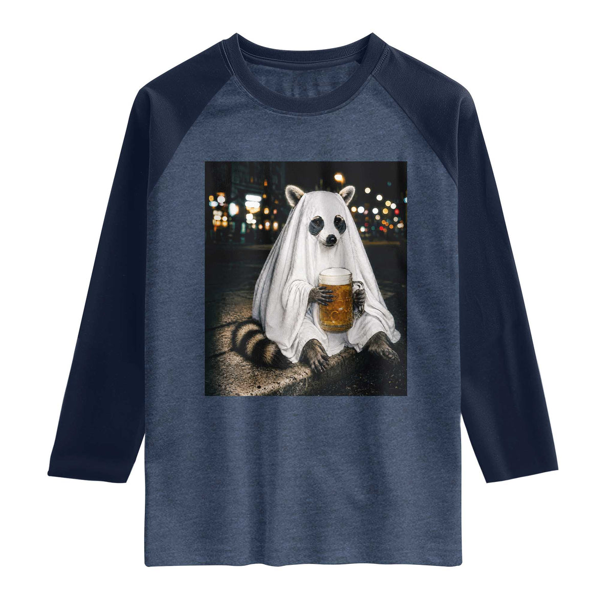 Funny Ghost Raccoon Drinking Beer Feral Halloween Gift Raglan Shirt