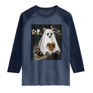 Funny Ghost Raccoon Drinking Beer Feral Halloween Gift Raglan Shirt