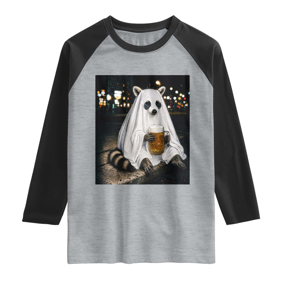 Funny Ghost Raccoon Drinking Beer Feral Halloween Gift Raglan Shirt