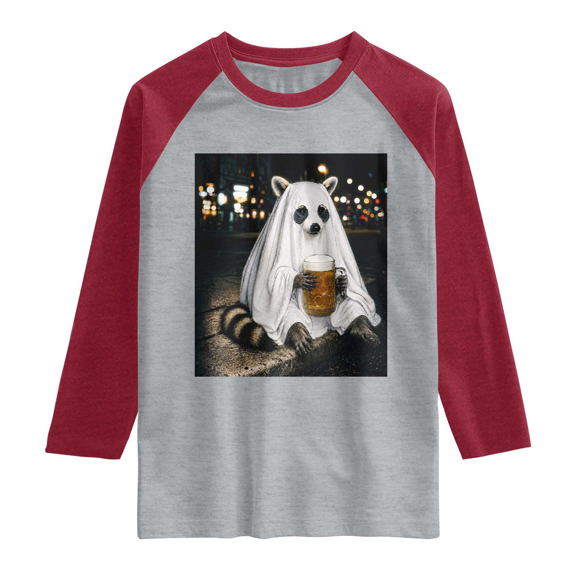 Funny Ghost Raccoon Drinking Beer Feral Halloween Gift Raglan Shirt