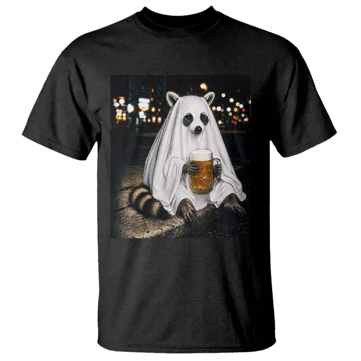 Funny Ghost Raccoon Drinking Beer Feral Halloween Gift T Shirt