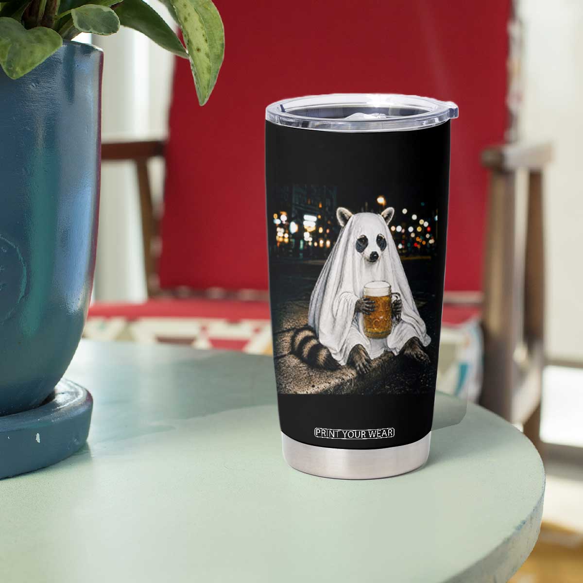 Funny Ghost Raccoon Drinking Beer Feral Halloween Gift Tumbler Cup