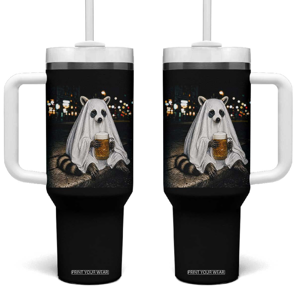 Funny Ghost Raccoon Drinking Beer Feral Halloween Gift Tumbler With Handle