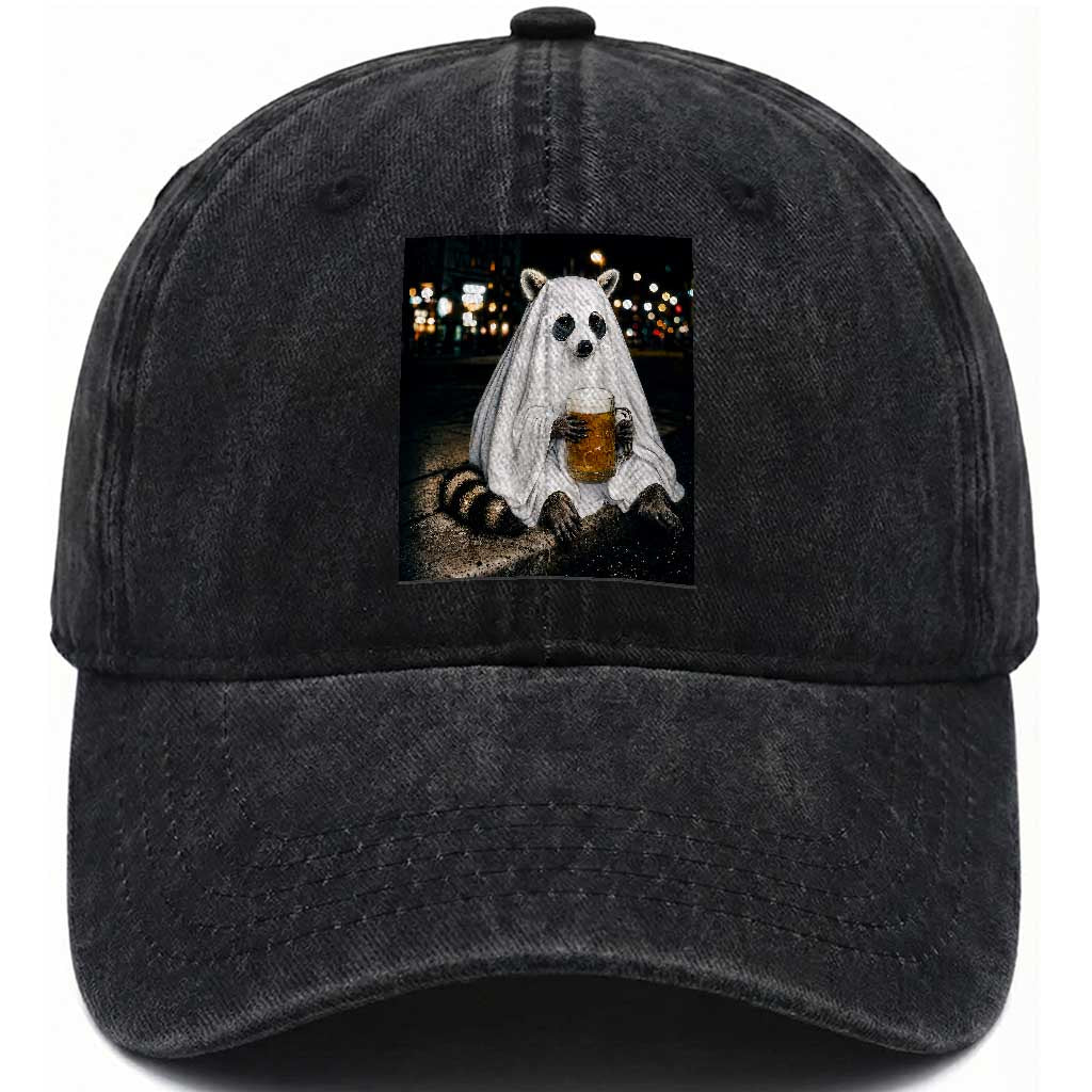Funny Ghost Raccoon Drinking Beer Feral Halloween Gift Washed Cotton Baseball Cap