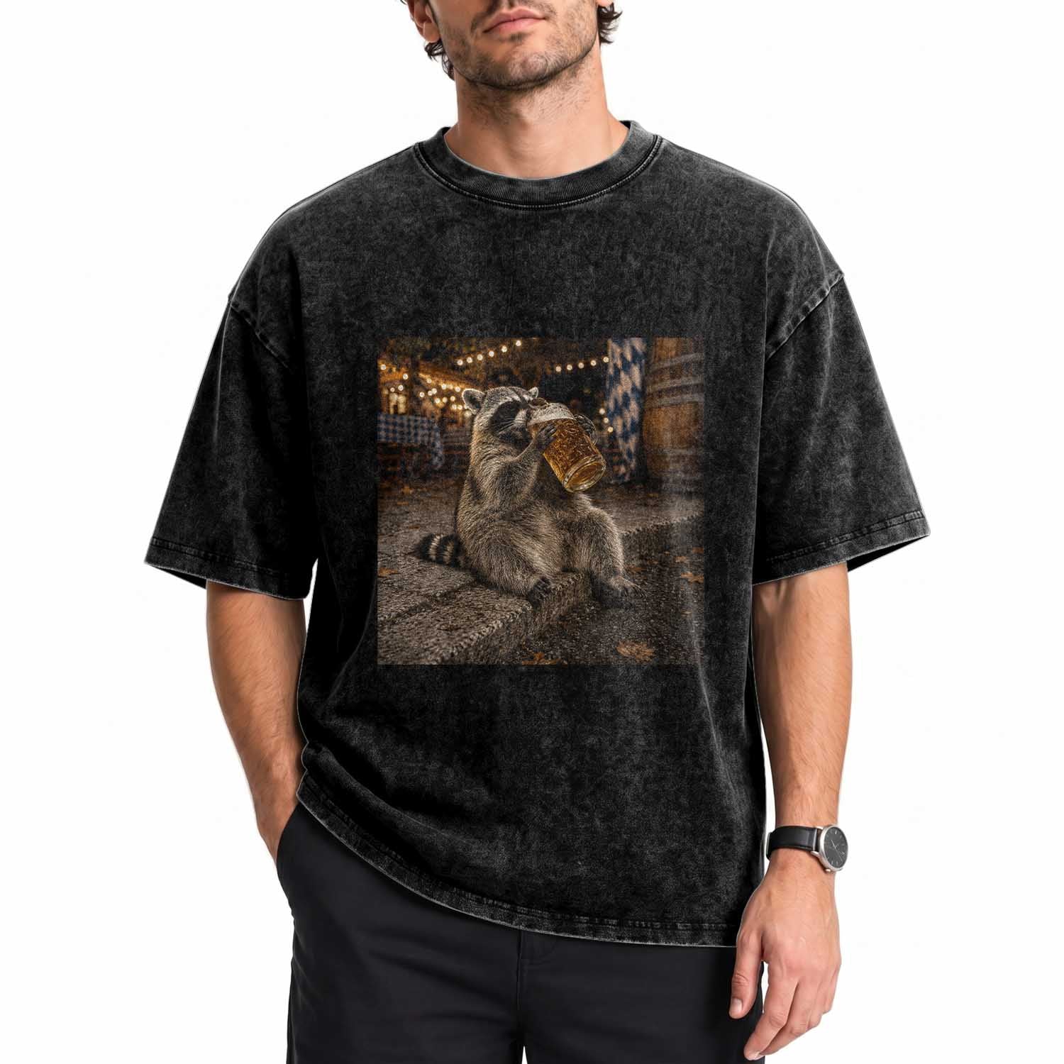 Oktoberfest Raccoon German Beer Festival Drinking Prost Beer Lover Washed Cotton T-Shirt