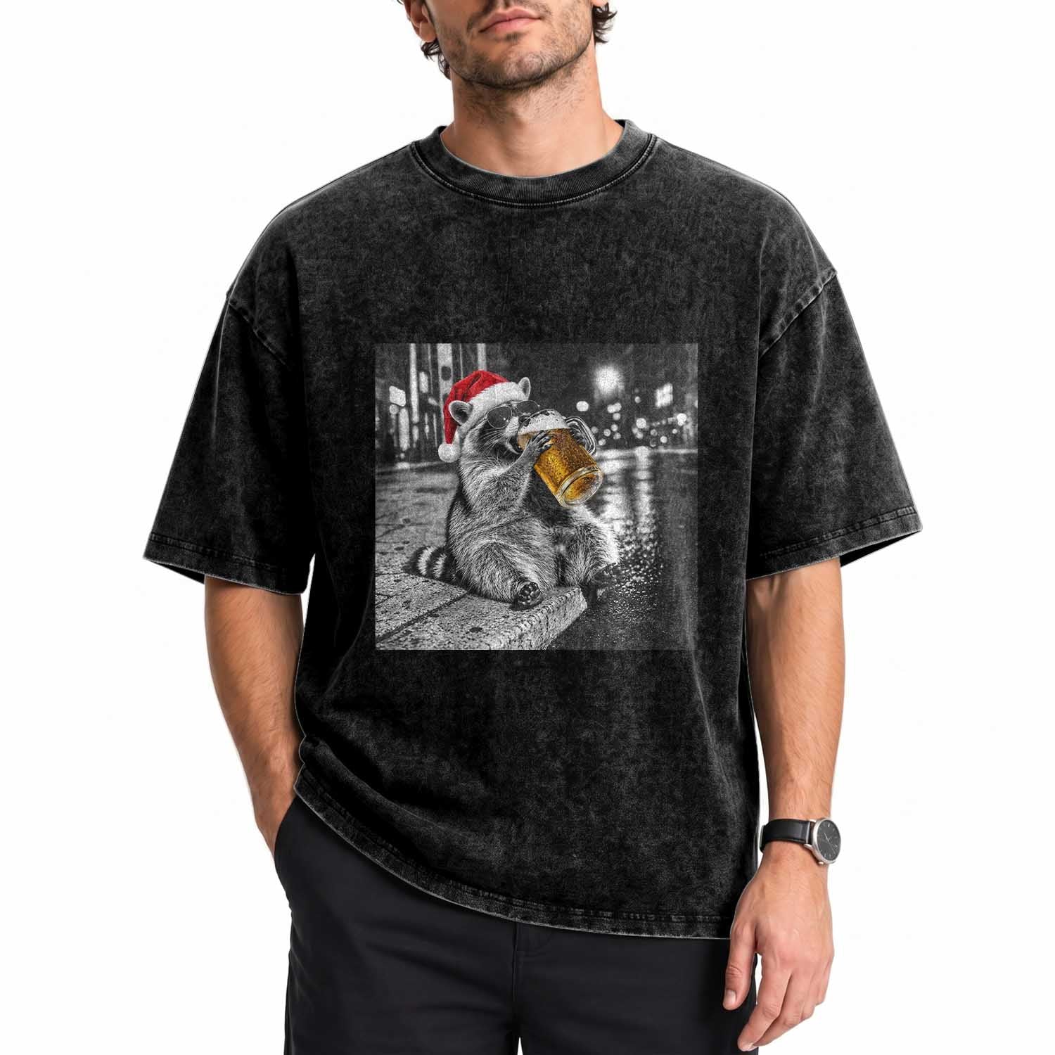 Christmas Raccoon Drinking Beer Trash Panda Feral Washed Cotton T-Shirt