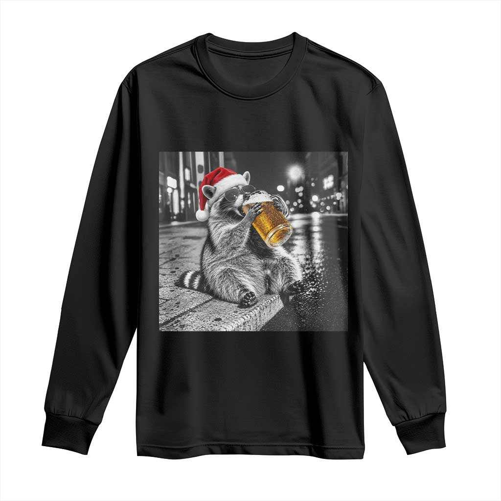 Christmas Raccoon Drinking Beer Trash Panda Feral Long Sleeve Shirt