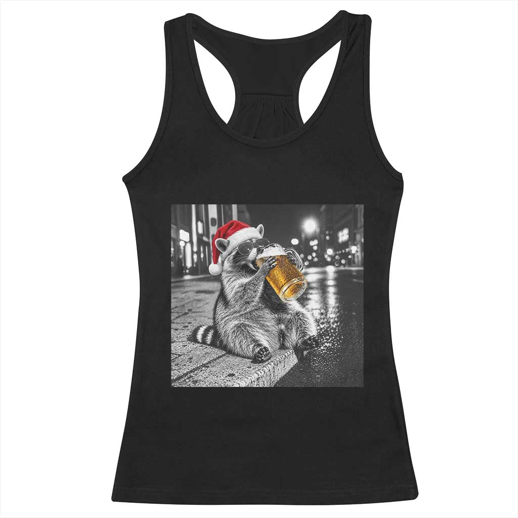 Christmas Raccoon Drinking Beer Trash Panda Feral Racerback Tank Top
