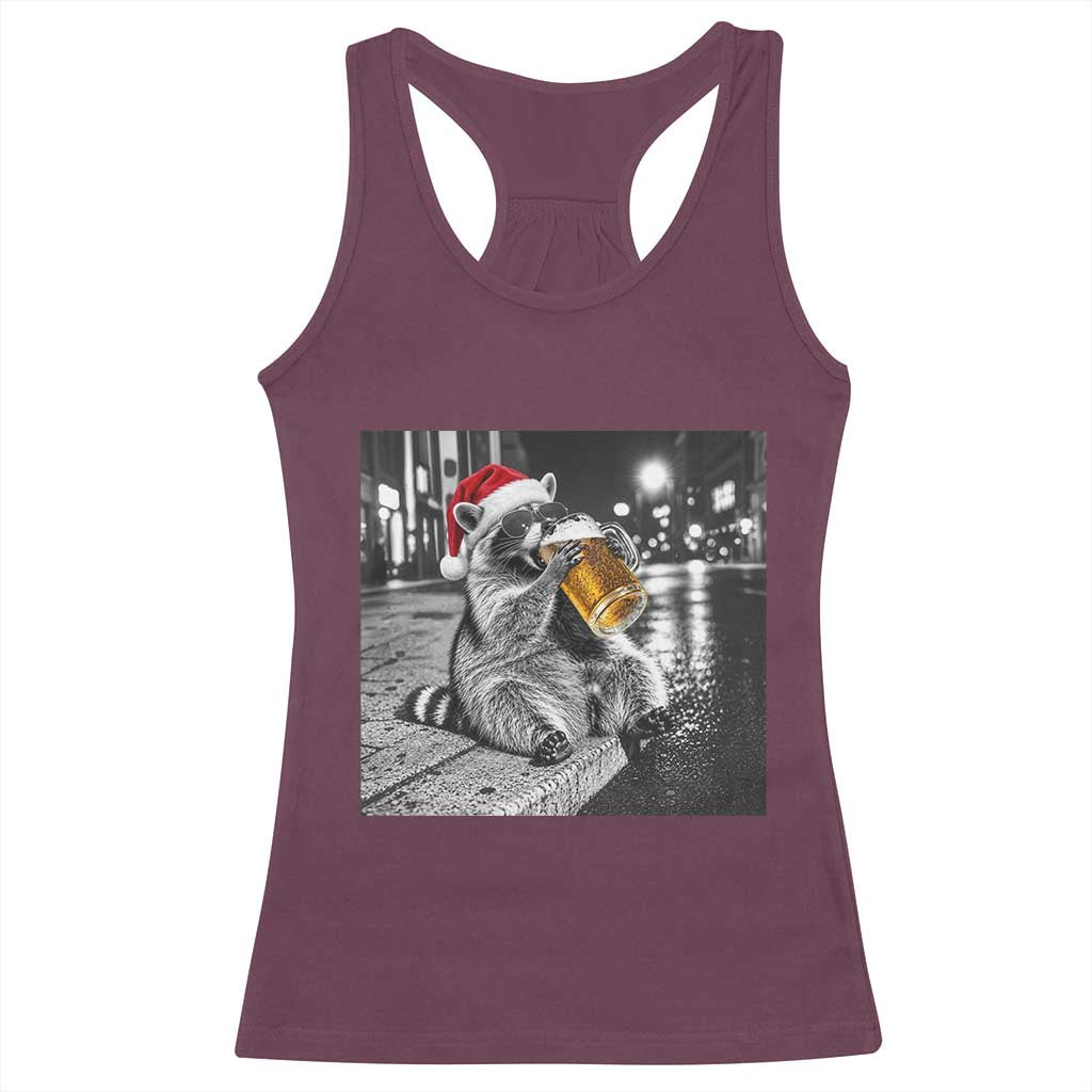 Christmas Raccoon Drinking Beer Trash Panda Feral Racerback Tank Top