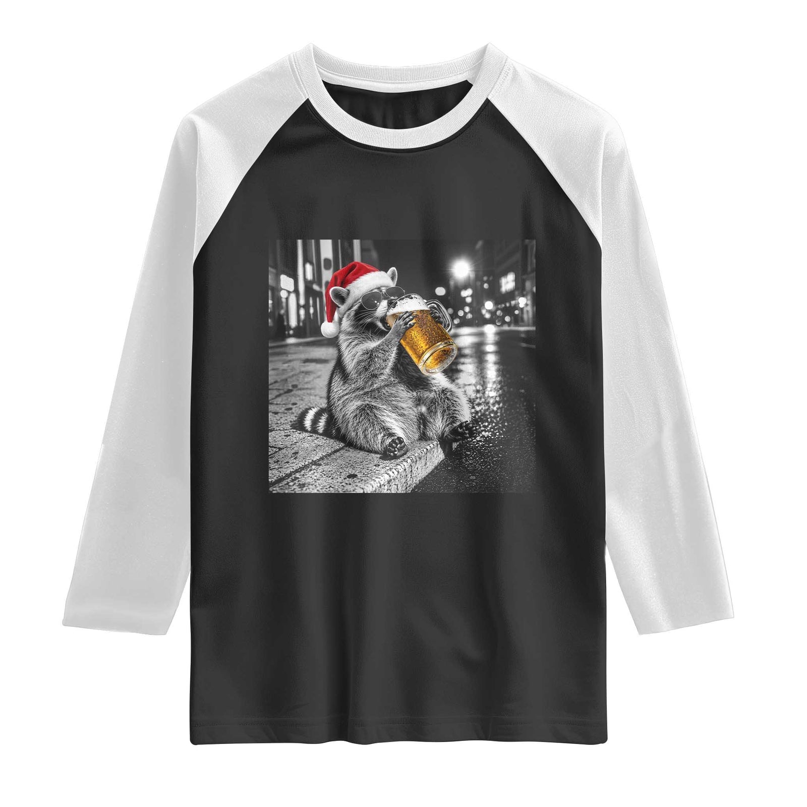 Christmas Raccoon Drinking Beer Trash Panda Feral Raglan Shirt