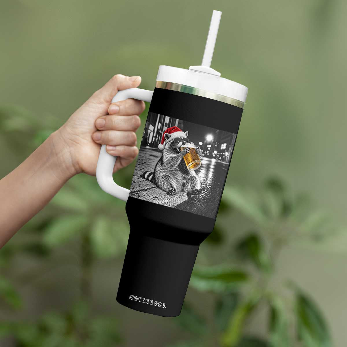 Christmas Raccoon Drinking Beer Trash Panda Feral Tumbler With Handle