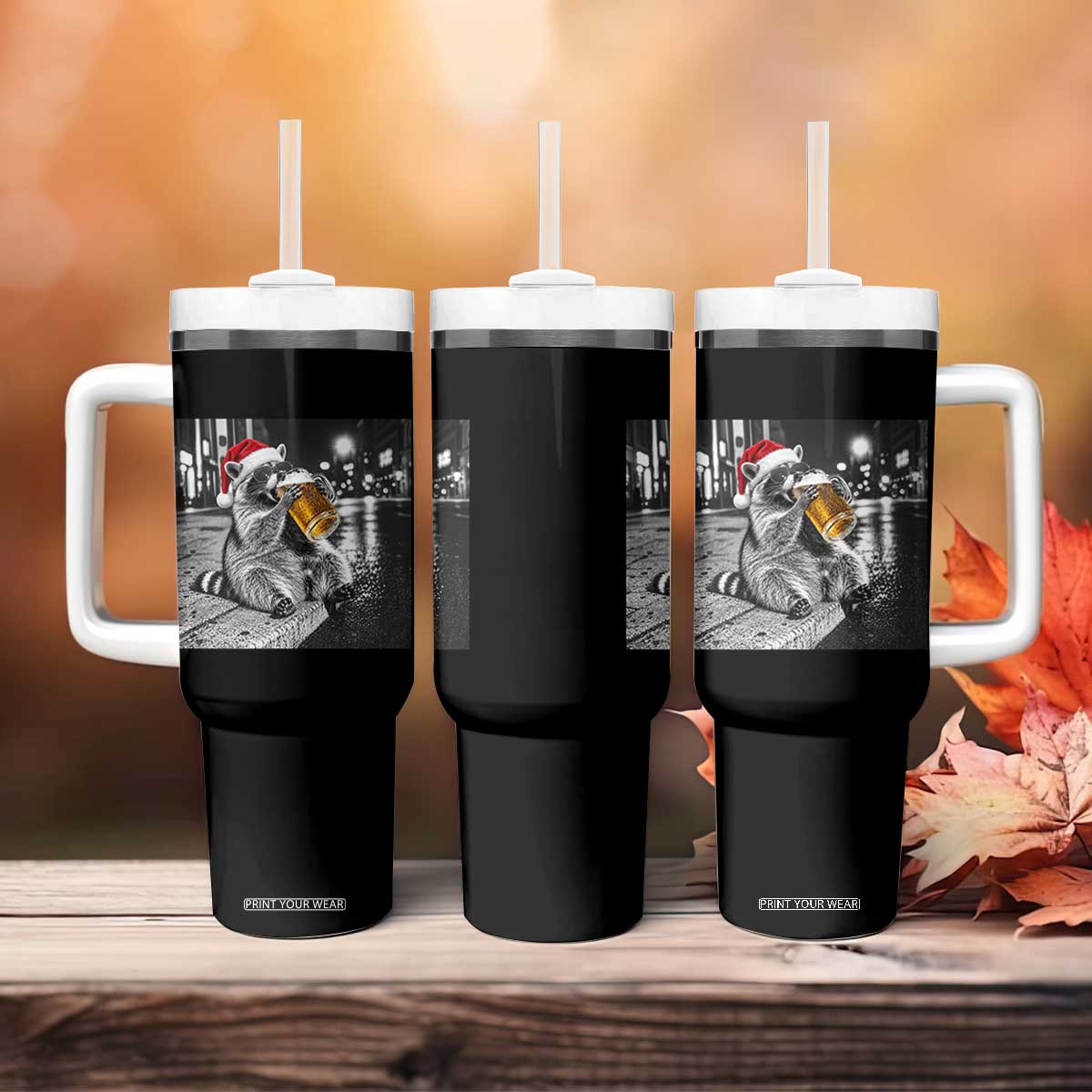 Christmas Raccoon Drinking Beer Trash Panda Feral Tumbler With Handle