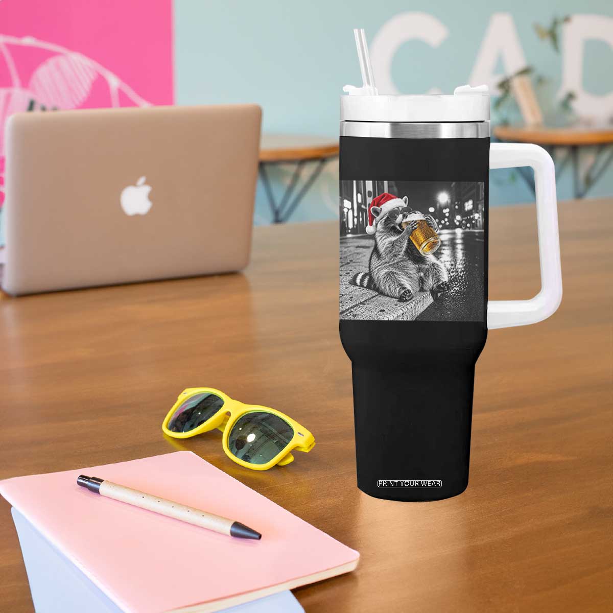 Christmas Raccoon Drinking Beer Trash Panda Feral Tumbler With Handle