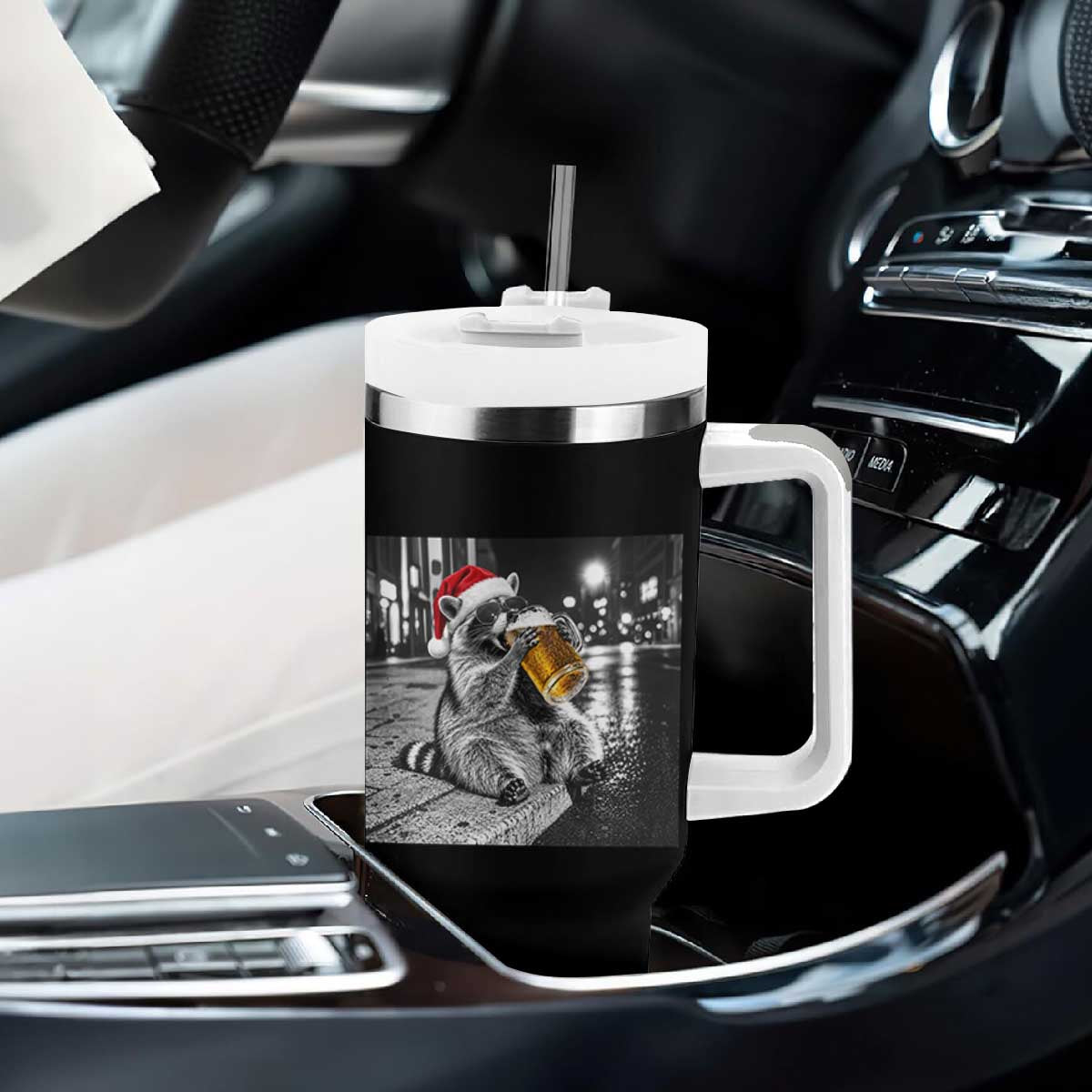 Christmas Raccoon Drinking Beer Trash Panda Feral Tumbler With Handle