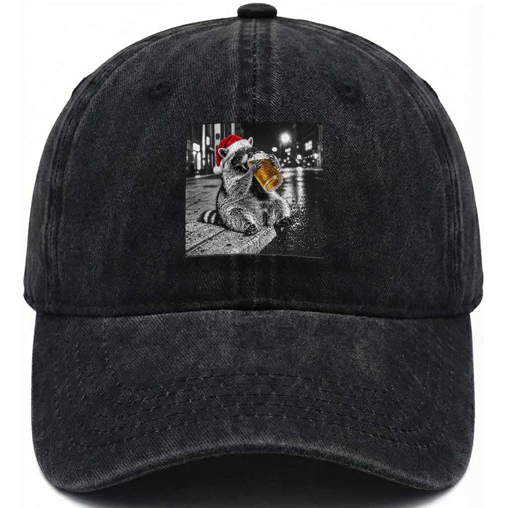 Christmas Raccoon Drinking Beer Trash Panda Feral Washed Cotton Baseball Cap