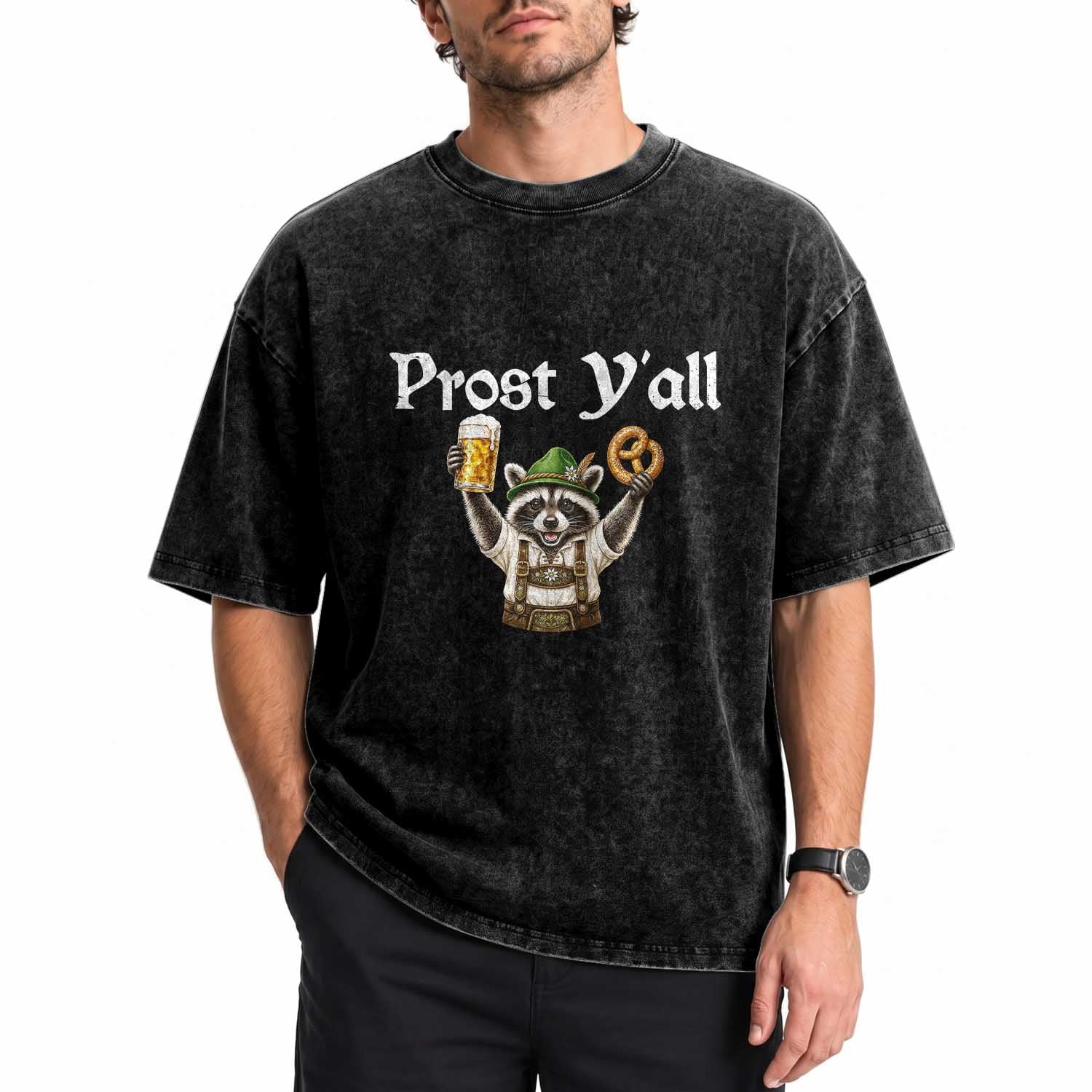 Oktoberfest Raccoon Prost Y'all Washed Cotton T-Shirt Funny German Beer Festival Pretzel