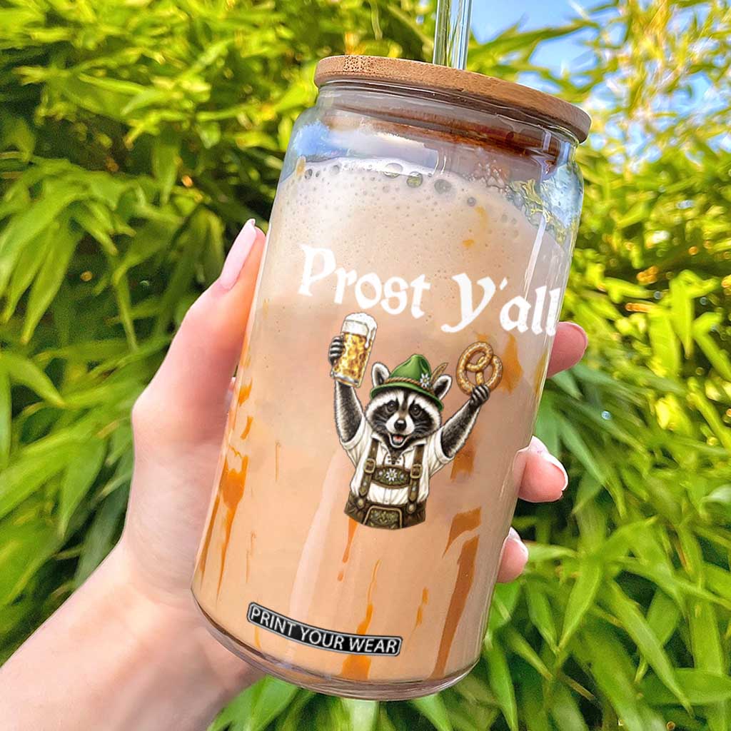 Oktoberfest Raccoon Prost Y'all Glass Can Funny German Beer Festival Pretzel