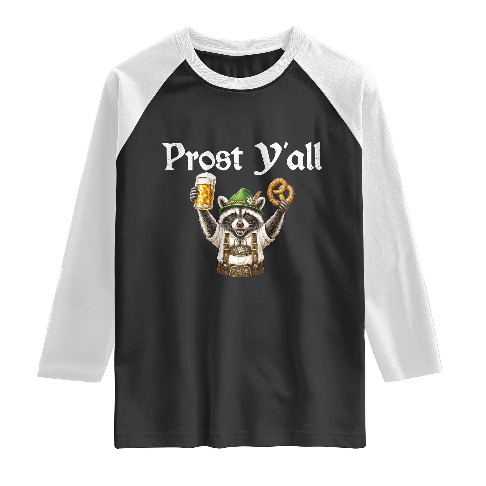 Oktoberfest Raccoon Prost Y'all Raglan Shirt Funny German Beer Festival Pretzel