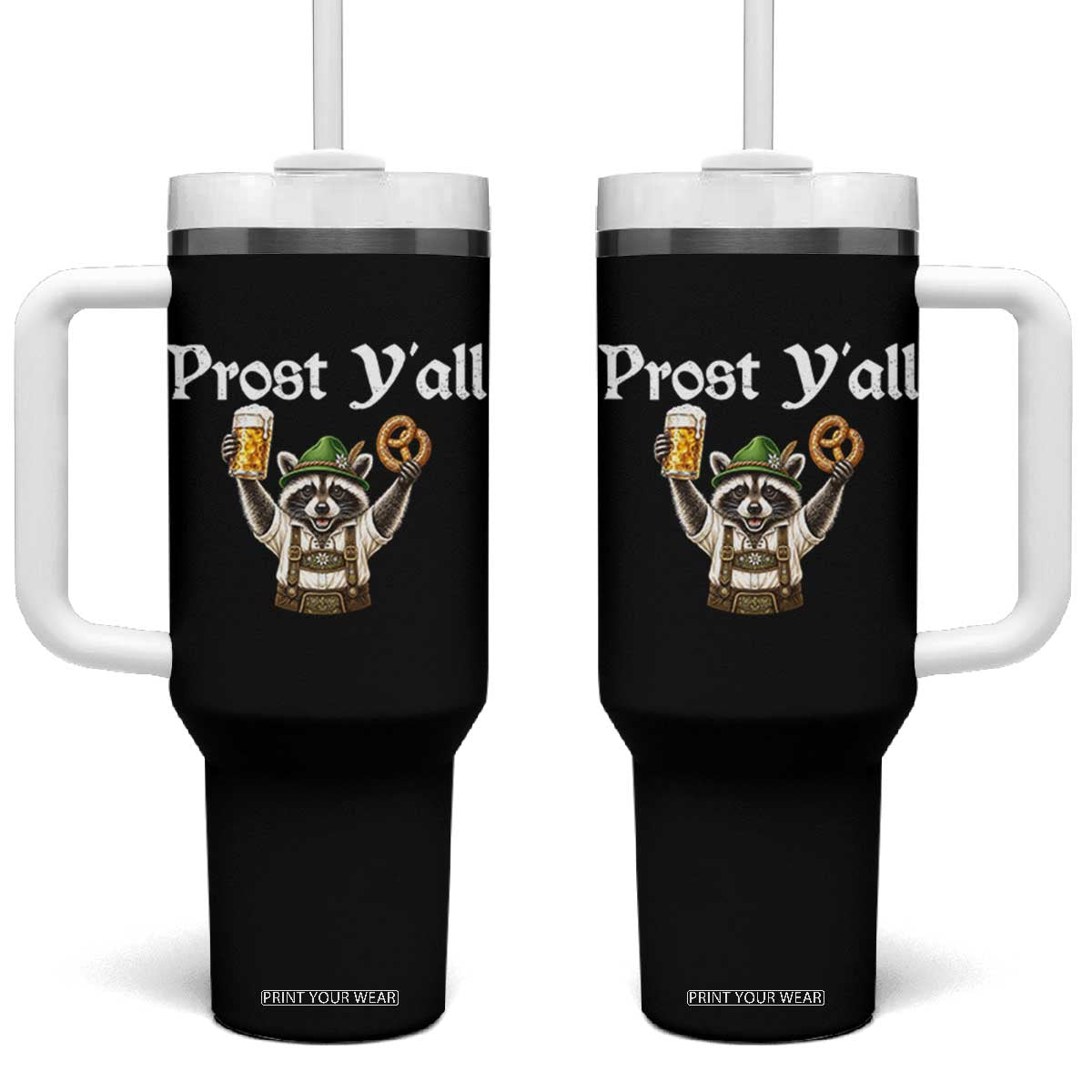 Oktoberfest Raccoon Prost Y'all Tumbler With Handle Funny German Beer Festival Pretzel