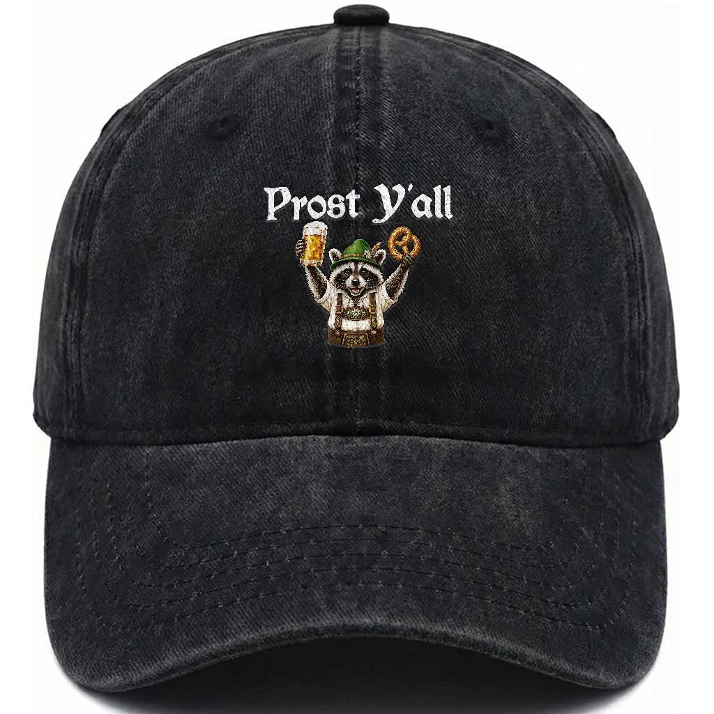Oktoberfest Raccoon Prost Y'all Washed Cotton Baseball Cap Funny German Beer Festival Pretzel