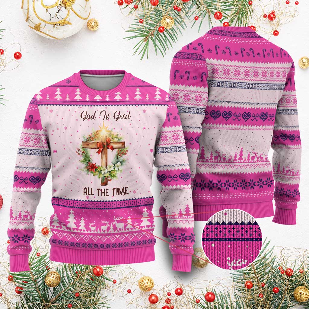 Cross Christian Xmas Ugly Christmas Sweater God Is Good All The Time TS14 Hot Pink Print Your Wear