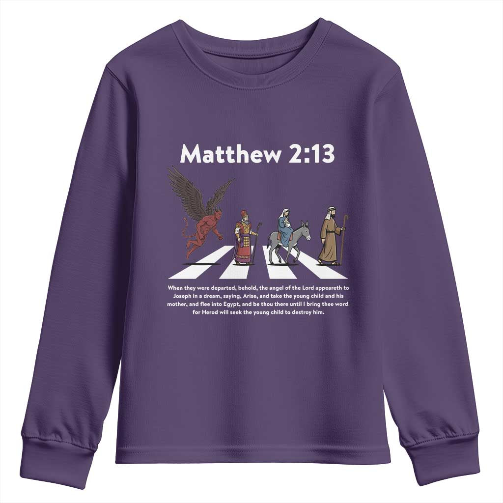 Jesus Christian Youth Sweatshirt Cross Bible Verse Matthew 2:13 TS14 Purple Print Your Wear
