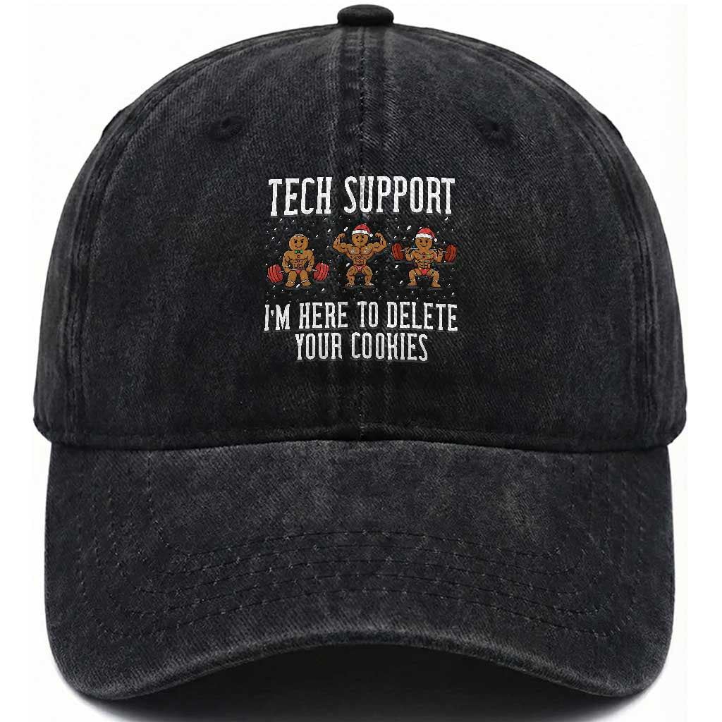 Tech Support Funny Christmas Washed Cotton Baseball Cap Gingerbread I Am Here To Delete Your Cookies TS14 Washed Cap Universal Fit Black Print Your Wear