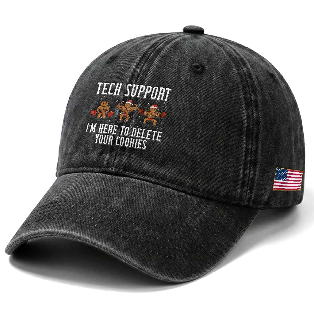 Tech Support Funny Christmas Washed Cotton Baseball Cap Gingerbread I Am Here To Delete Your Cookies TS14 Print Your Wear