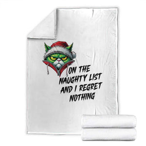 Funny Cat Green Christmas Throw Blanket On The Naughty List And I Regret Nothing TS14 White Print Your Wear