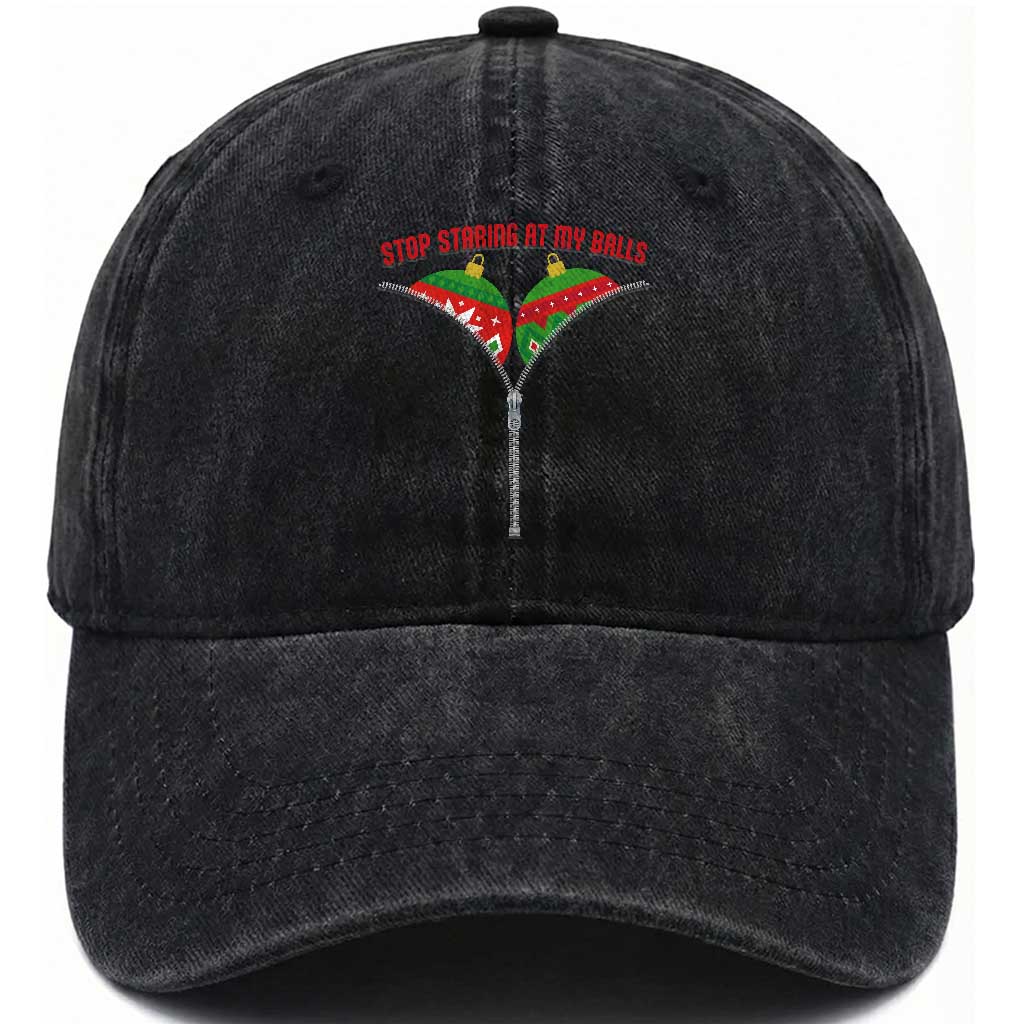 Funny Dirty Christmas Washed Cotton Baseball Cap Stop Staring At My Balls TS14 Washed Cap Universal Fit Black Print Your Wear