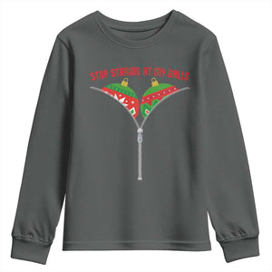 Funny Dirty Christmas Youth Sweatshirt Stop Staring At My Balls TS14 Dark Heather Print Your Wear