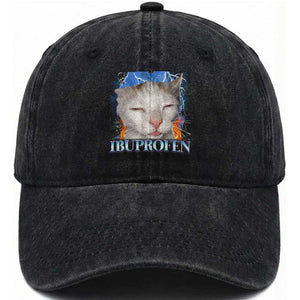 Funny Cat Meme Washed Cotton Baseball Cap Ibuprofen Silly Kitten TS14 Washed Cap Universal Fit Black Print Your Wear