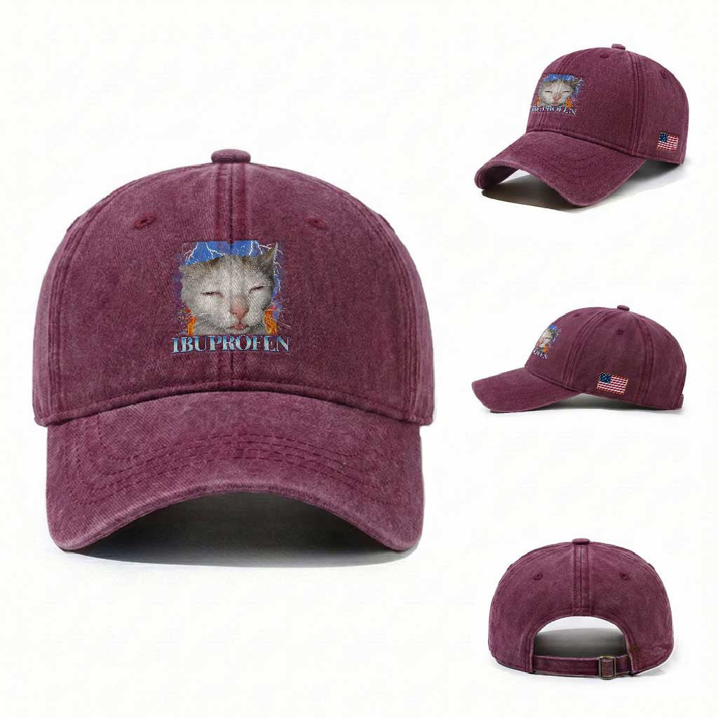 Funny Cat Meme Washed Cotton Baseball Cap Ibuprofen Silly Kitten TS14 Washed Cap Universal Fit Burgundy Print Your Wear