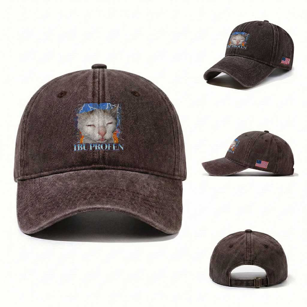 Funny Cat Meme Washed Cotton Baseball Cap Ibuprofen Silly Kitten TS14 Washed Cap Universal Fit Dark Brown Print Your Wear